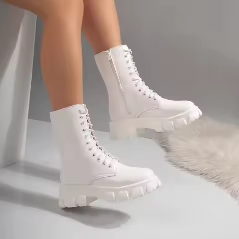 Women White Platform Combat Boots Lace Up Side Zipper Mid Calf Fashion Boots