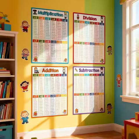 4pcs Math Posters Addition, Subtraction, Multiplication, Division Table Chart Educational Arithmetic