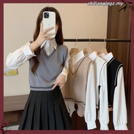 SA3017 -M'SIA Ready Stock Long Sleeve Knitted Material Women Top 港味chic假两件短款长袖衬衫针织上衣