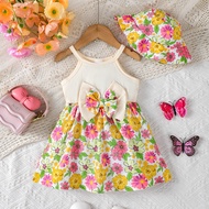 2Pcs Summer Baby girl Dress Maple leaves Bow Dress+Hat Set 0-3 Year Old Baby Girl Summer Beach Vacat