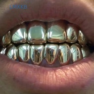 LMXKB Teeth Grillz Caps, Shiny Anti Slip Teeth Grillz Top Bottom Set, Classic Glossy  Silver  Teeth 