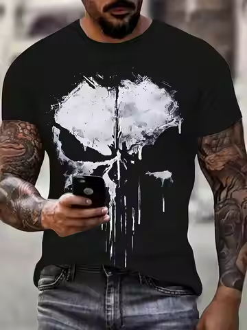 Men's Plus Size Punisher Skull Logo T-Shirt-Pure Cotton Material-Classic Black And White Pattern