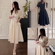 D1656 INTAN KOREAN STYLE VINTAGE MIDI DRESS SIMPLE CHURCH V-NECKPOLOS CHRISTMAS OUTFIT CASUAL FORMAL