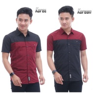 Kemeja Korean style lengan panjang kemeja maroon Korean style lengan panjang Kemeja pria Korea kombinasi lengan panjang Kemeja Korean kombinasi warna maroon hitam