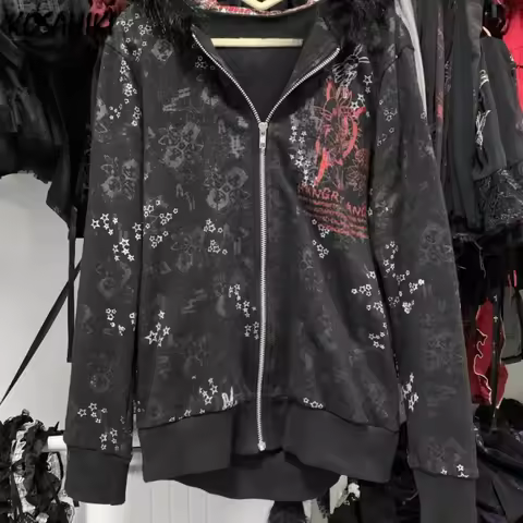 Japanese Goth Furry Patchwork Cat's Ears Hoodie Jackets Y2k Aesthetic Grunge Casual Zipper Jacket Wo