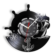 （WALL Clock）Anchor Ship Naval Compass Vintage Nautical Wall Decor Home Art Wall Clock Sailors Vinyl Record Wall Clock Handmade Sailing Gifts