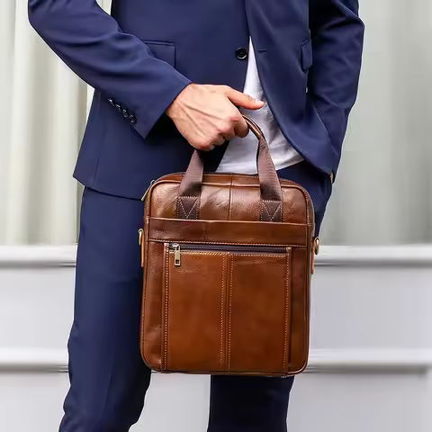 Men's Shoulder Bags Genuine Leather Crossbody Messenger Bag for 13.3 Inch Laptop Briefcase Leather M