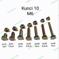 baut / baud kunci 10 panjang 1 2 3 4 cm + mur m6x 10 15 20 25 30 35 40 - 6x20