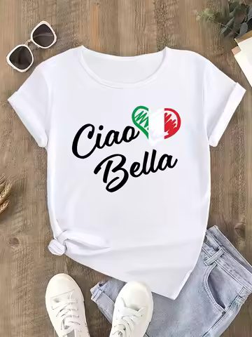 Italian Flag Heart Ciao Bella Print Italian-Themed Summer Top with Italian Flag Colors Harajuku Slee
