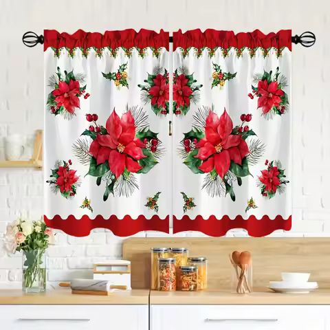 3PCS Poinsettia Flower Christmas Kitchen Curtain Set, Red Floral Holiday Decor Rod Pocket Tier Curta