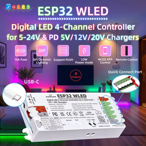 Dual PSU ESP32 WLED Digital LED Controller PD 5V/12V/20V & DC 5-24V with 4 Outputs for WS2811/12B AP