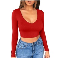 [Ready Stock Fast Shipping] 2023 eBay Women's Solid Color Long Sleeve T-Shirt - Tight Fit with Navel