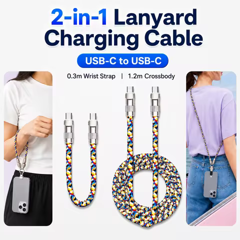 60W USB C to USB C Phone Lanyard Charging Cable, 2 in 1 Braided Wrist Crossbody Data Cord 30CM 120CM