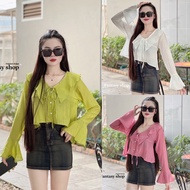 Sunny Square Collar Shirt With Bell-Shaped Ruffled Sleeves. Crinkled Fabric 8 Color