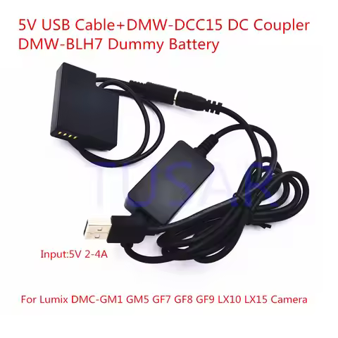 5V USB Cable DMW-DCC15 DC Coupler DMW-BLH7E BLH7 Dummy Battery for Lumix DMC-GM1 GM5 GF7 GF8 GF9 LX1