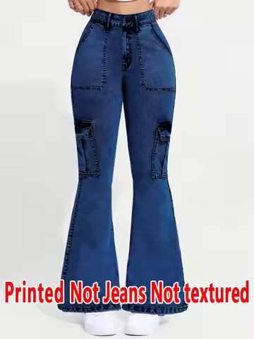 8175 [Printed Pants - Not Faux Denim Fabric][Imitation Faux Denim Flare Pants] Printed Flare Trouser