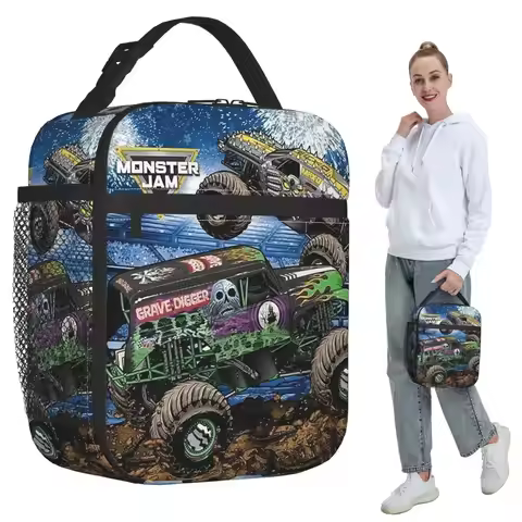 Classic Monster Jam Truck Pattern Insulated Lunch Bag for Kids School Cooler Thermal Food Box Tote L