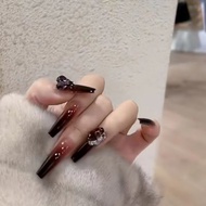 Pure Handmade Manicure T-Shaped Nails Flashing Diamonds Crooked Heart Super Long Fake Nails Medium L