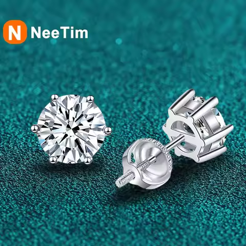 NeeTim 1ct 2ct Moissanite Earrings For Women Men Lab Diamond White Gold Plated 925 Sterling Silver S