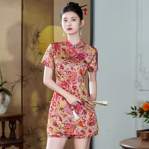 Luxury Chinese Style Shorts Set - Modern Oriental Jacquard Co-ord Cheongsam Inspired 2 Piece Summer