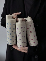 1pc 550ml/18.6oz Vacuum Insulated Tumbler, Bow & Heart Design, Leak-Proof Flip Lid Travel Mug, Suita