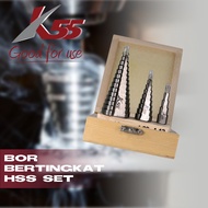 K55 Mata Bor Bertingkat Piramid Pagoda Set 3pcs Plat Besi Baja Stainless Aluminium HSS Step Drill Bit Set 4-32mm 4-20mm 4-12mm Aksesori Bor Set Piramida