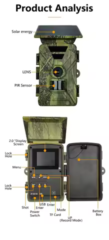 8K Wireless WIFI Hunting Camera Solar Panel Integrated Main PIR 60MP Long Night Vision Range 2.0" Di