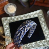 古董領帶改製手工髮箍-FENDI灰藍色古典印花-蝴蝶結款