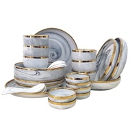 Marble White Ceramic Tableware Set [6 Persons 26 Pieces Extra Plates Available Glossy] Pinggan Seram