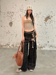 Quần Ống Rộng Caro Nâu Đậm Phối Dây Thừng - HOO DESIGN ( không kèm charm)