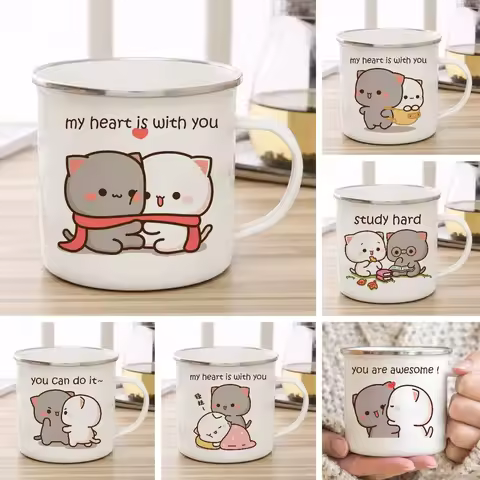 New Peach and Goma cat Enamel cup Coffee tea Mug cute animal Breakfast Dessert milk water cup couple