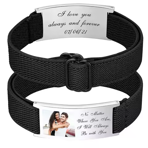 Personalized Photo text Bracelet Hypoallergenic Stainless Steel Adjustable nylon Rope Engraved text 