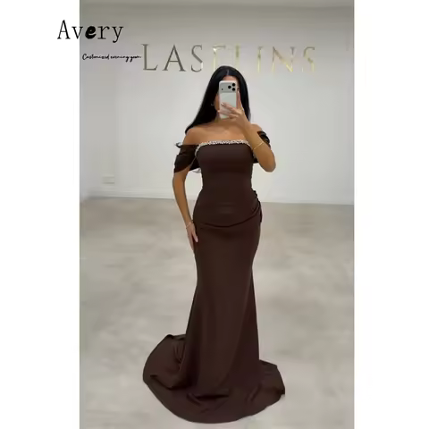 Avery Customized Brown Fishtail Rhinestone Off-shoulder Evening Dresses for Luxury Party Long Elegan