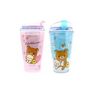 San-X輕鬆熊Rilakkuma輕鬆小熊Plastic Cup吸管卡通夢幻塑料水杯隨行杯粉色浅蓝色隨行杯7-11懶懶熊杯子seven便利店450ml 全新