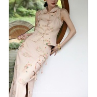 Chinese-style suit cheongsam top plate button printed skirt