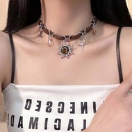 Merad Star Moon Sun Pendant Leather Stitching Clavicle Chain Female Fashion All-Match Niche Sweet Temperament Necklace Girl Necklace iu Cute Jewelry Wear Matching Accessories Gift Jewelry