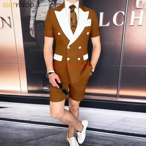 Summer New Design Men Suit Sets 2 Piecs Blazer And Shorts Double Breasted Peak Lapel Daily Beach Wed
