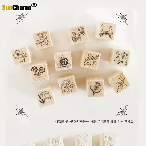 12pc/Box Mini Wooden Rubber Stamps South Korea DIY Seal Matchbox Girl Flower Stamp for Scrapbooking 