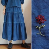 藏青色 植物藍染 復古百搭長裙 手工繡花 100支苧麻 環保染indigo
