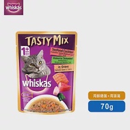 【Whiskas偉嘉】什錦珍味妙鮮包 雞肉、鮭魚及海藻湯汁 70g*4入 寵物/貓罐頭/貓食
