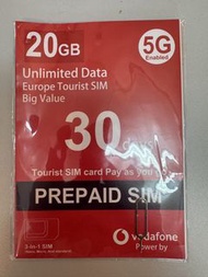 （二手 $ 100/兩張）歐洲5G上網卡，Vodafone 歐洲 13GB 5G 預付卡