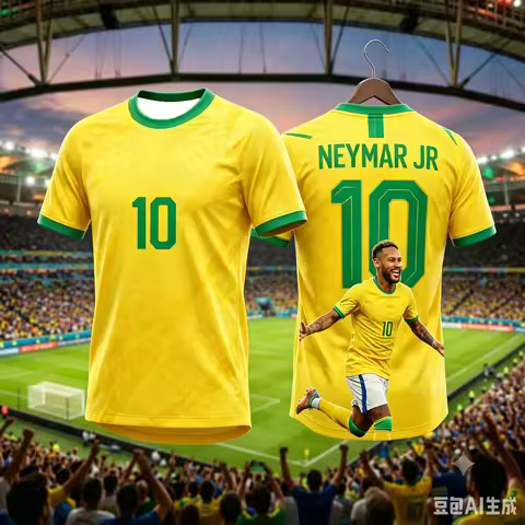 Brazil Fan Soccer T-Shirt Neymar #10 Geometric Pattern Player Portrait Breathable Quick Dry Training