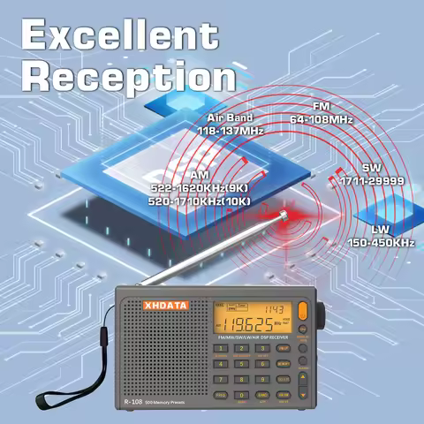 XHDATA R-108 Digital Portable Radio Stereo FM LW SW MW Full-Band Radio DSP Radio Receiver Multi-Func