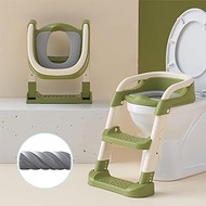 Foldable Toilet Training Potty Seat Chair, Potty Training Toilet Seat with Step Stool Ladder and Handles Safe Non-Slip Step PU Cushion (Green)