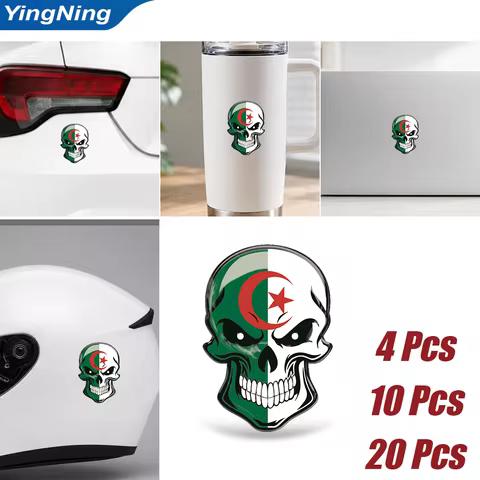 Algeria Flag Skull 3D Resin Domed Sticker Algerian Crescent Star Emblem Self Adhesive Decal Car Moto