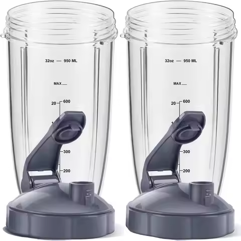 2 Pcs Blender Cups 32oz with Top To-Go-Lid and Rubber Gaskets Compatible with NutriBullet 600w/900w 