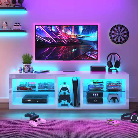 63" LED TV Stand for Televisions up to 70In, TV Cabinet with Adjustable Glass Storage Shelves, Moder