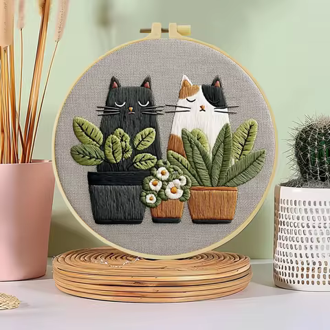 1pc 20X20CM/15X15CM 7.87/6.3inch Embroidery Starter Kit DIY kit Home Decor，kitty，Embroidery kit