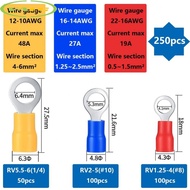 250Pcs Ring Terminal Connectors for Wires 22 16 16 14 12 10 AWG Electrical Crimp