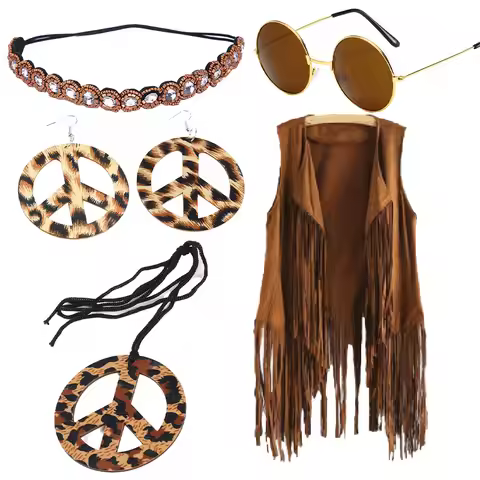 60s 70s Hippie Tassel Outfits for Women Cosplay Costume Set Peace Sign Earring Headband Fringe Vest 